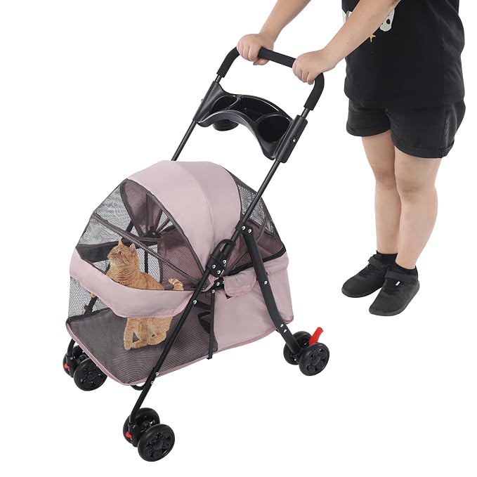 Pet Stroller for Small Medium Dogs Cats 40 lbs, Foldable Dog Stroller with Storage Basket and Cup Holder, Portable Pet Travel Cart with Breathable Mesh Canopy (Pale Pinkish Grey)