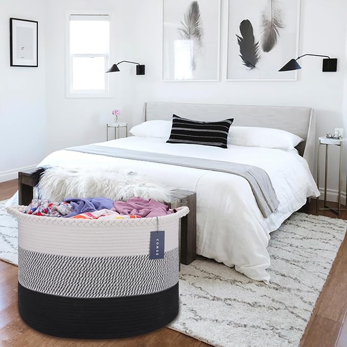 COMSE XXXLarge Woven Blanket & Laundry Basket, 87L, White &Gray &Black | 21.7"x 13.8", Cotton Rope, Nursery Hamper for Storage of Toys, Clothes & Towels, Ideal for Living Rooms, Bedrooms & Bathrooms