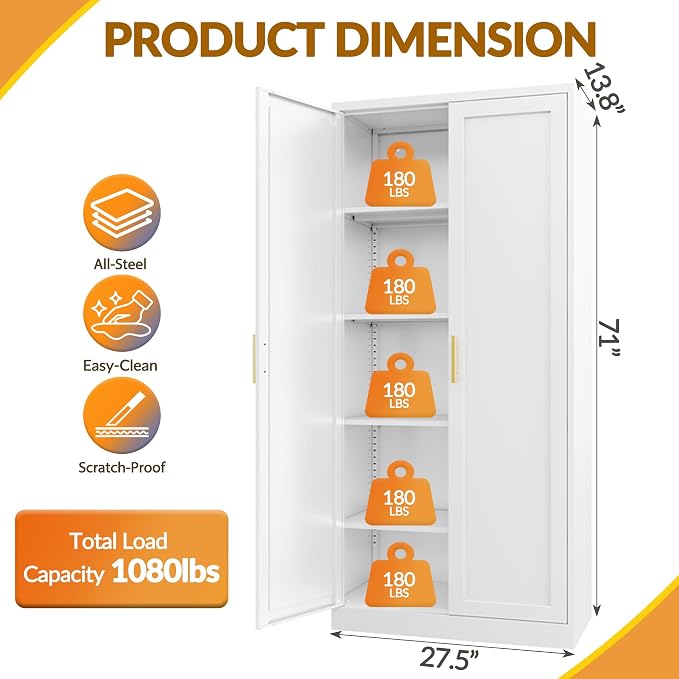 BESFUR Kitchen Pantry Cabinet,71” Metal Tall Pantry Storage Cabinet with Doors and 4 Adjustable Shelves,Kitchen Storage Cabinets White Freestanding Food Cabinet for Pantries, Kitchen