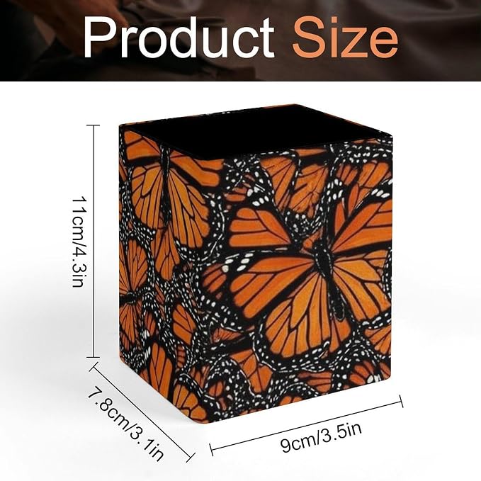 Pu Leather Pens Pencils Holder Cup for Men Women Square Makeup Brush Holder Desk Accessories Heaps Of Orange Monarch Butterflies Container Box for Office Supplies