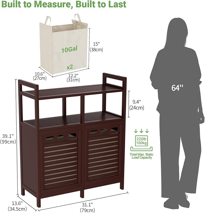 Homykic Tilt Out Laundry Hamper Cabinet, Bamboo Laundry Organizer, Espresso | 20 Gal Laundry Sorter with 2 Removable Liner Bags, Hidden Clothes Hamper with Shelf for Laundry Room, Bathroom, Closet