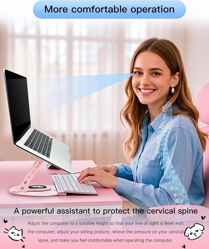 Upgraded Pink Swivel Laptop Stand - 360° Rotating Base & Foldable|Cute Dog Patterns for Healing Vibe|Fits MacBook & 13-15" Laptops|Ideal for Desk Work,Office,Travel,Home,Painting