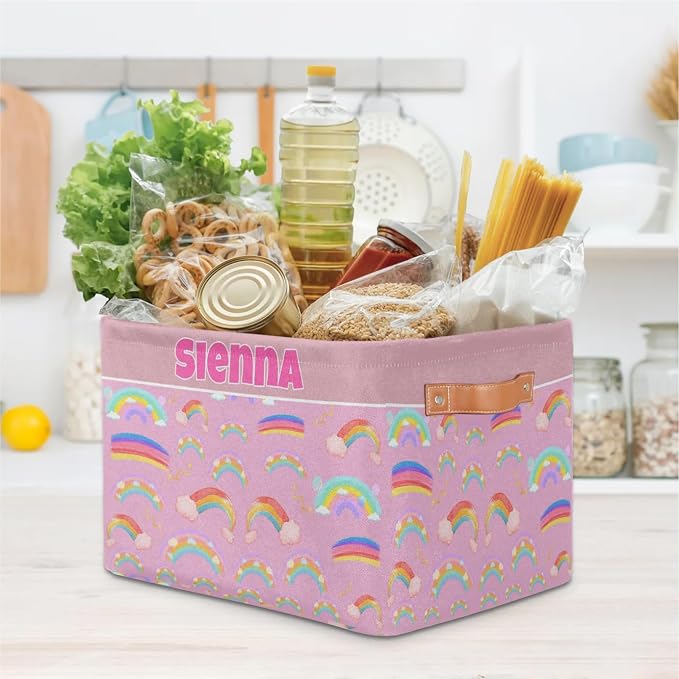 Personalized Kids Toy Box Name, Custom Nursery Baskets Cubes Box, Girls Custom Storage Basket Laundry Baskets Organizer with Handles, Painted Colorful Rainbow with Cloud Pink Background