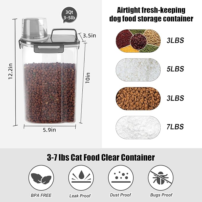 LEAWALK 3-5Lbs Airtight Small Cat Dog Pet Food Storage Containers BPA Free, with Large Pour Spout/1 Measuring Cup/ 4 Safety Locks and Double-layer Silicone Strip (Clear Black 2Pack)