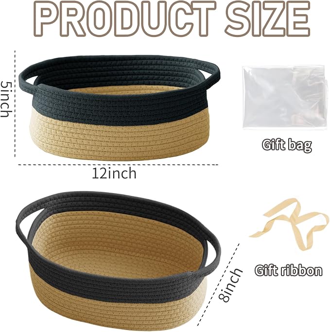 JMvicyroam Small Woven Basket, Empty Gift Basket, Black&Jute/3 Pack | Small Gift Basket, Cotton Rope, 12 x 8 x 83 in, Handles, Includes Ribbon and Bag, Birthday Gift Basket