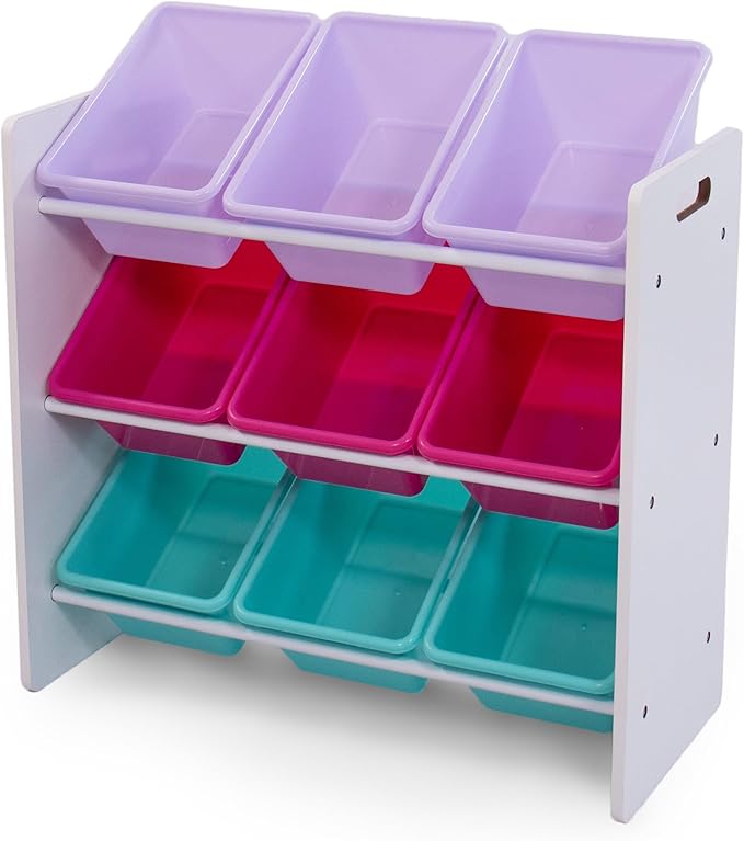 Humble Crew Kids Toy Organizer with 9 Bins, 3 Tier Storage for Playroom | Sturdy wood and steel toddler shelf, removable BPA-free containers, wall anchor anti-tip safety kit for bedroom or classroom