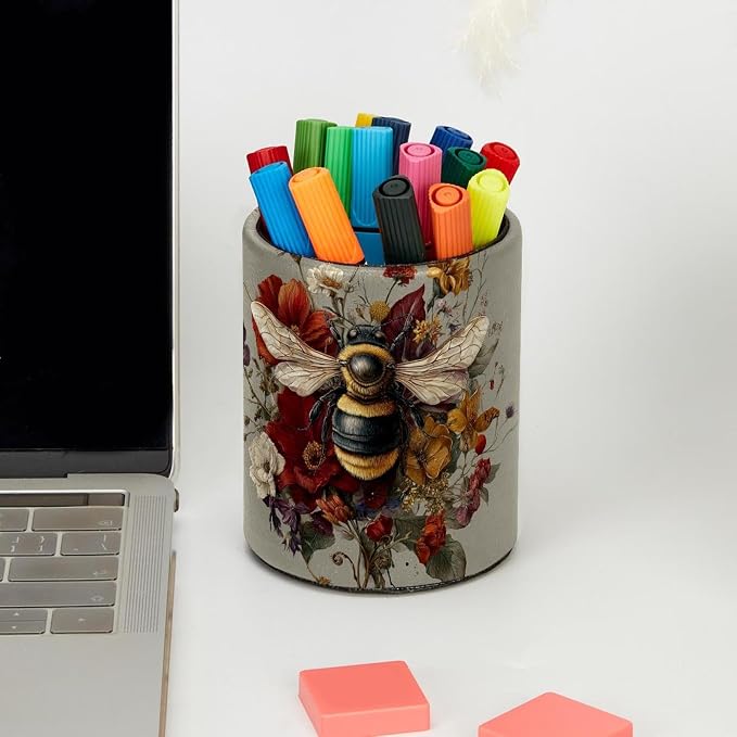 Faux Leather Pen Holder for Desk, Pencil Organizer Cute Bee Pen Cup Desk Decor Makeup Brush Holder Storage for Office Home