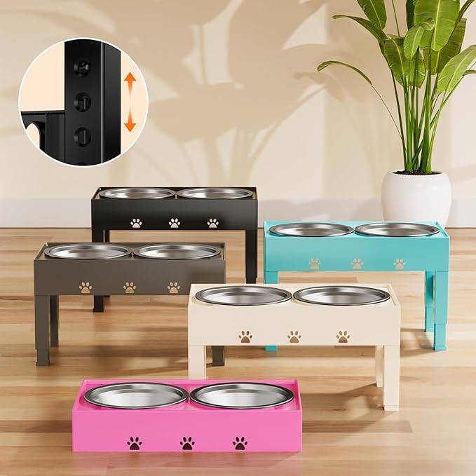 LAKIPETN Elevated Dog Bowls with Mat, Raised Dog Food Bowl Stand with 2 Stainless Steel Bowls, 5 Height Adjustable (3.1", 9", 10", 11", 12") Non-Slip Feeder Set for Medium and Large Dogs – Pink