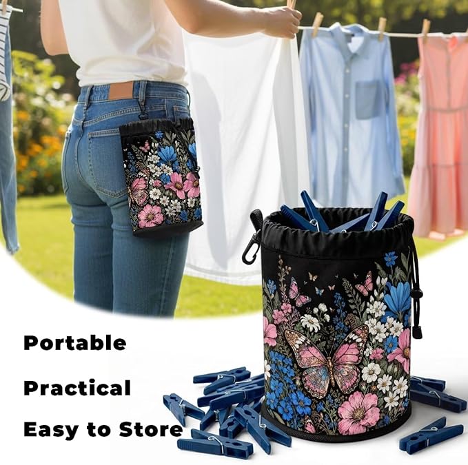 Floral Butterfly Clothespin Holder - 1Pcs Clothes Pin Bags Clothes Hanging Bag for Laundry Room & Outdoor Use