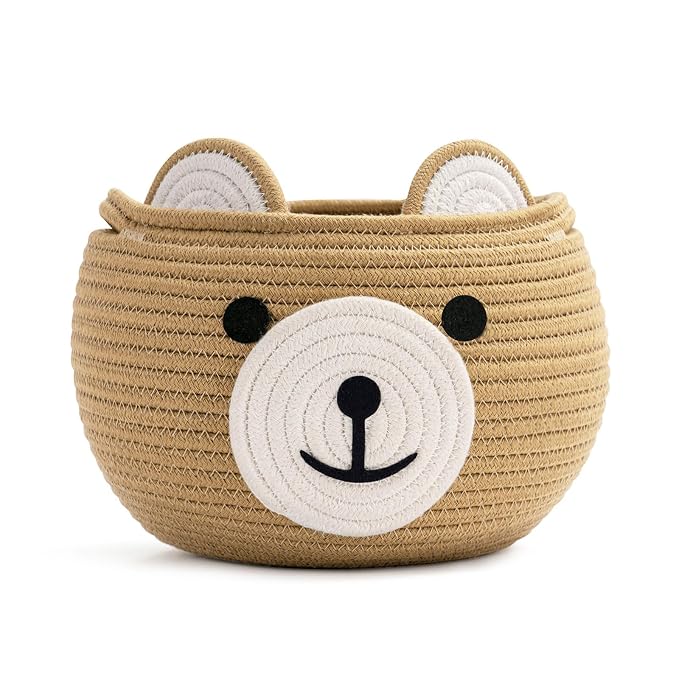 CherryNow Baby Basket for Gifts Empty, Cute Bear Design, Brown | 10.5" x 8.5" Baby Shower Basket for Kids Boys Newborn Storage, Toy Basket for Living Room Nursery Décor, Soft Cotton Rope