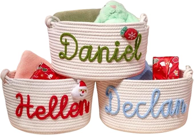Personalized Cute Small Woven Basket with Handles, Custom Cotton Rope Room Shelf Storage Basket, Empty Decorative Gift Basket, Decorative Round Bin for Nursery Bedroom Bathroom (Style F)