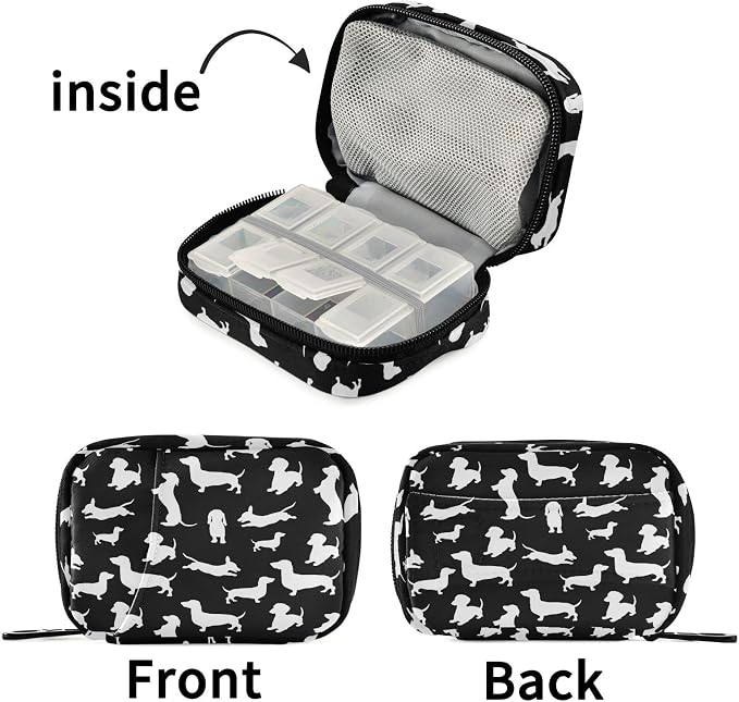 Ollabaky Black Dachshund Dogs Pill Organizer 7 Day Pill Case Travel Pill Organizer Bag Pill Box Portable Weekly Case with Zipper Compact Size for Vitamin Supplement Holder