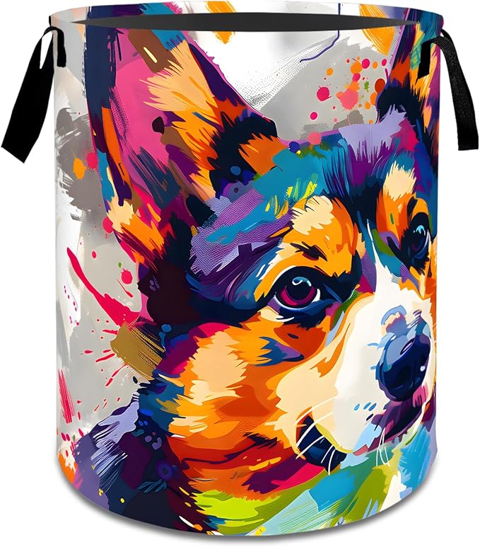Colorful Corgi Dog Laundry Basket,Dirty Clothes Hamper,Abstract Puppy Storage Bin,Pet Lovers Gifts,Foldable Waterproof Oxford Cloth Baskets for Bathroom,Bedroom,Home Decoration(19.7" x 15.7")