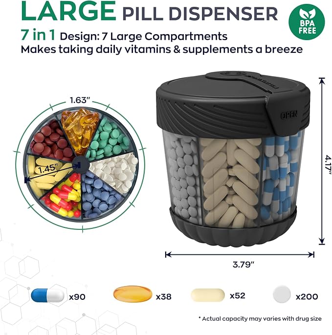 HIONXMGA Large Pill Organizer Anti-Mix, 7-Compartment, 20 Labels, BPA-Free | Portable Pill Dispenser Easy to Open & Retrieve, Wide Opening Design Easy Access for Vitamins, Fish Oils, Supplements