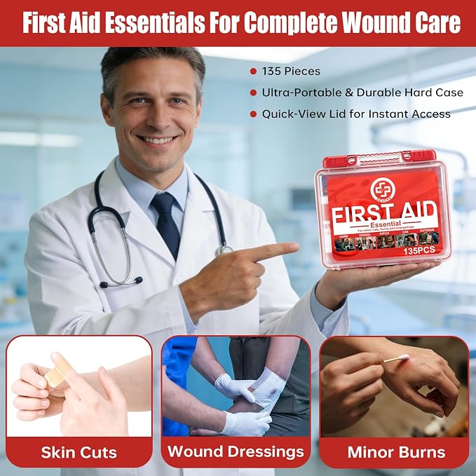 Gevoke Mini First Aid Kit - 135 Piece HardCase First Aid Box, Small | Compact Medical Kit for Home, Car, Travel, Camping, Hiking, Truck, Sports, Office, Vehicle & Outdoor Emergencies