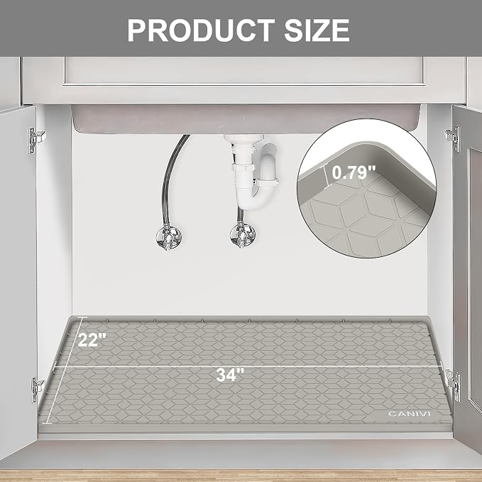 Under Sink Mat, 34"x22" Waterproof Tray for Cabinet, Holds 3 Gal | Silicone, Fits 36 inch Standard Cabinet,Leakproof & Easy Clean, Ideal for Kitchen & Laundry, Protects Shelf from Water Damage