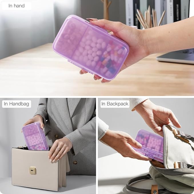 FYY Travel Pill Organizer, Large Weekly Medicine Pill Organizer-Purple | Airtight Moistureproof Medicine Case, Easy to Use, 8 Compartment Pill Box for Vitamins, Fish Oil, Supplements, Mini First Aid