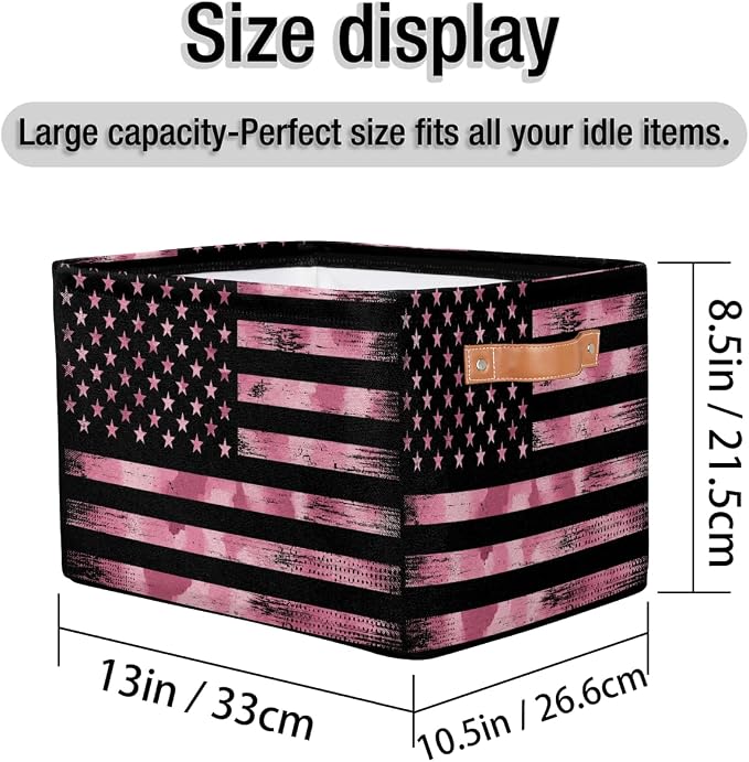 Pardick Flag Basket Storage Bins Rectangle Canvas Basket Cube Storage Box | Nursery Foldable Basket with Handle for Kids Girls Boys Toys Living Room Closet Organizer Shelf Gifts Camo Pink