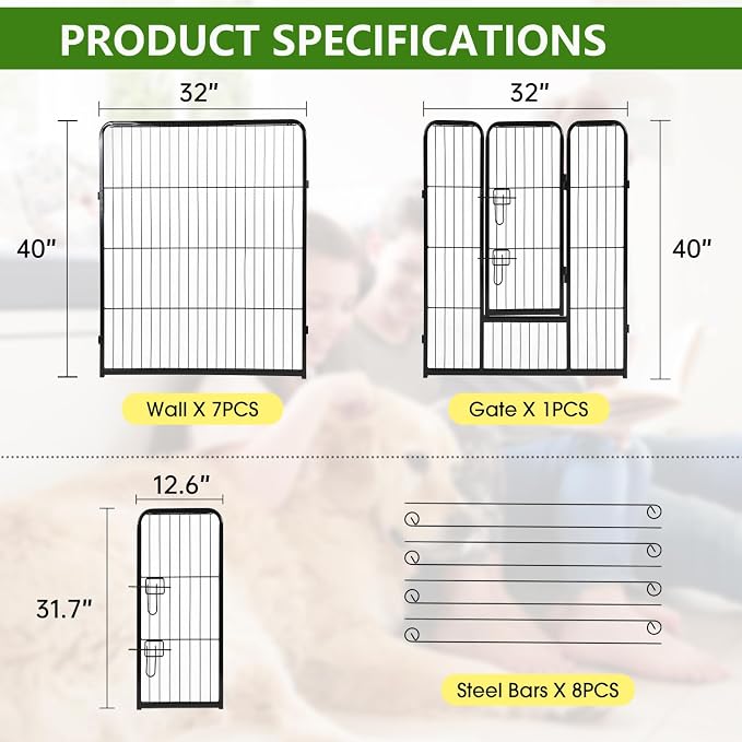 BestPet | Dog Playpen | 40", 8 Panels | Heavy Duty Metal Pet Exercise Pen | Indoor/Outdoor Fence Panels | Rust-Resistant, Removable, Tool-Free Setup | Anti-Skid, Expandable Design