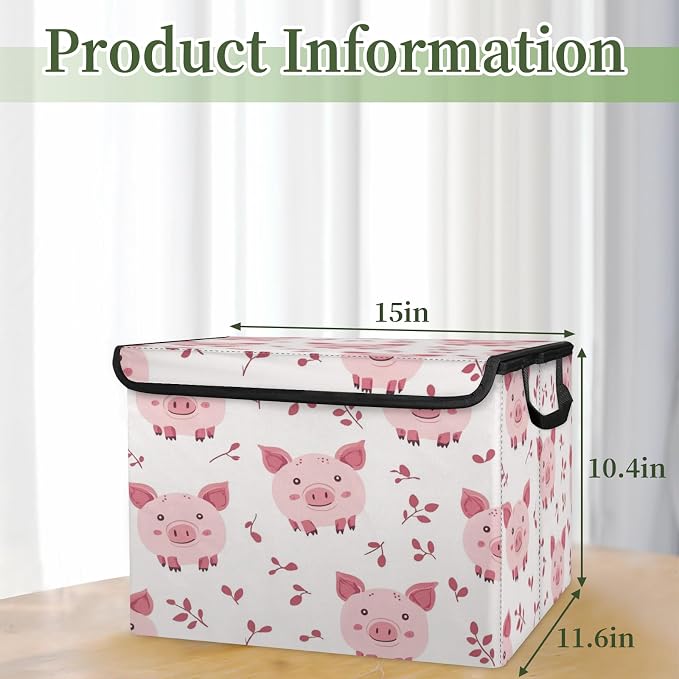 Pink Pig Storage Bins with Lids, Cute Pigs Foldable Storage Boxes with Carrying Handle Organizer Containers Baskets Cube for Home Bedroom Closet