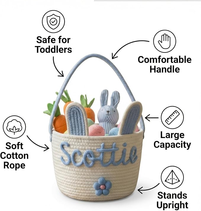 MBBEST Personalized Easter Bunny Basket - Custom 3D Name Cotton Rope Easter Bucket with Cute Ears & Plush Charm, Hand-Woven Easter Egg Hunt Bag, Unique Gift Storage for Kids Toddlers Boys Girls