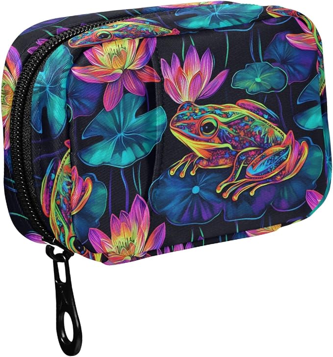 Fustylead Neon Frog and Lily Pads on Black Background Travel Pill Organizer Bag with Zipper Small Pill Box 7 Day Pill Case for Purse Storage Weekly Vitamin Medicine Supplement