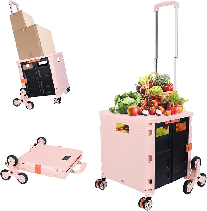 FELICON SELORSS Folding Utility Climber Cart Portable Rolling Crate-Pink | Stair Climbing Wheels+360°Swivel Wheels,Telescoping Handle,Plastic Box Dolly for Travel Shop Move Laundry Office Teacher Use