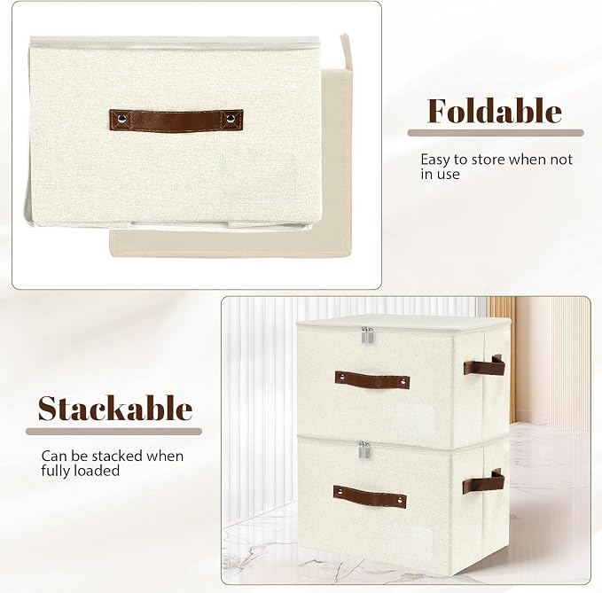 ANMINY Storage Box Fabric Bins with Zipper Lid, 15"x10"x10" Beige | Keepsake Box, Decorative, Cotton Linen, Reinforced PP Board Frame, Washable, Stackable & Foldable, Label Holder & PU Handles