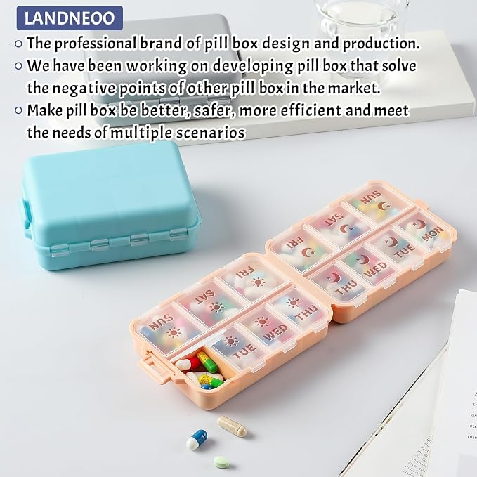Compact & Foldable Weekly Pill Organizer 2 Time a Day, 7-Day AM PM Pill Box | Large Capacity, Dual Protection, Etched Labels- Week Daily Travel Vitamin Case Holder, Supplement Fish Oil Medicine Dispenser