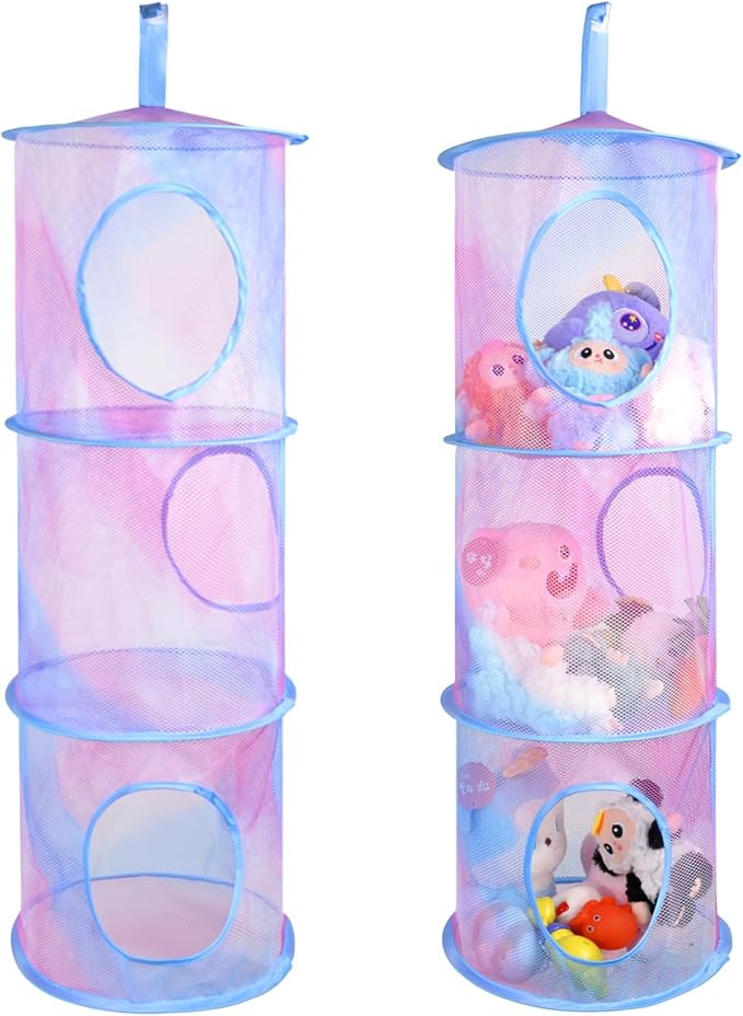 ChezMax Hanging Mesh Stuffed Animal Storage - 3 Tiers 2 Pack Large Stuffed Animal Net Organizer, Foldable Space Saver Bags Basket Organization Holder Room Bedroom Playroom Wardrobe Rainbow