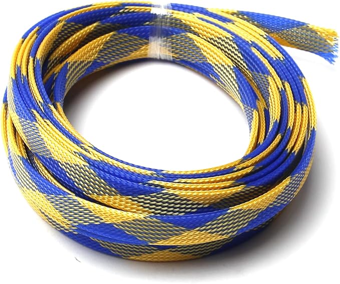 Jutagoss PET Expandable Braided Cable Sleeve, 16.4ft - 1/2 inch Blue Yellow Cable Management Sleeve, Wire Loom Tube Cord Protector for USB Cable, Power Cord, Audio Video and More, 1Pc
