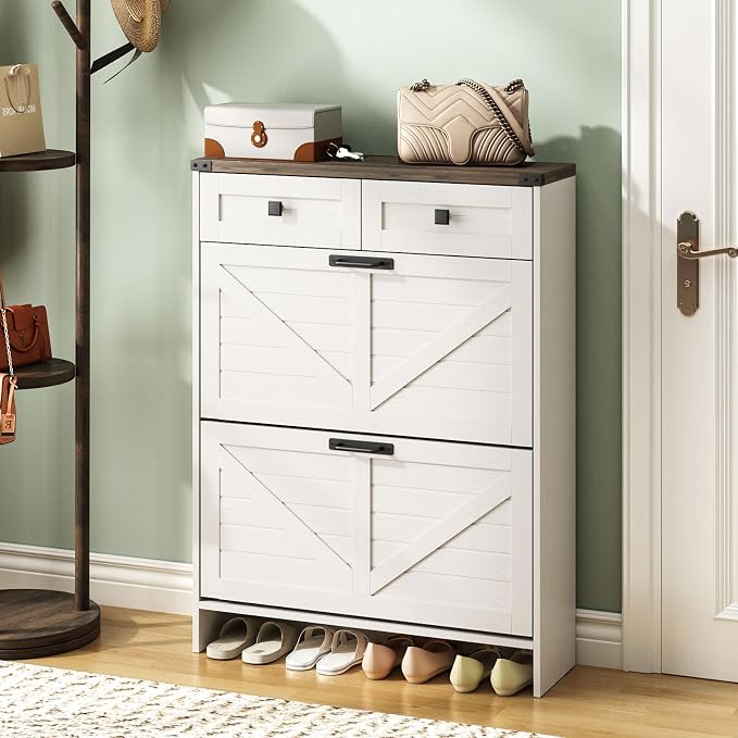 Halitaa Shoe Cabinet with 2 Flip Drawers & 2 Drawers,Farmhouse Shoe Storage Cabinet for Entryway,Slim Freestanding Narrow Organizer Rack for Front Door Entrance,White