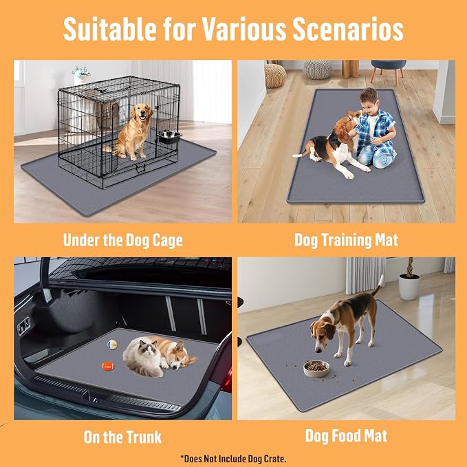 Silicone Dog Bed Mat 34"x 22" Crate Mat for Dog Cages, Dark Gray | Extra Large Kennel Mat with Raised Edge, Washable, Leakproof, Waterproof Dog Mat for Crate, Dog Floor Mat to Protect Floors