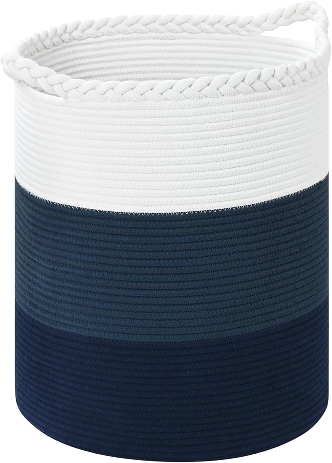 Laundry Hamper for Organizing, 52L Large Laundry Baskets, Cotton Rope Woven Blanket Basket, Collapsible Laundry Hamper for Living Room, Nursery, 15"×18", Dark Blue