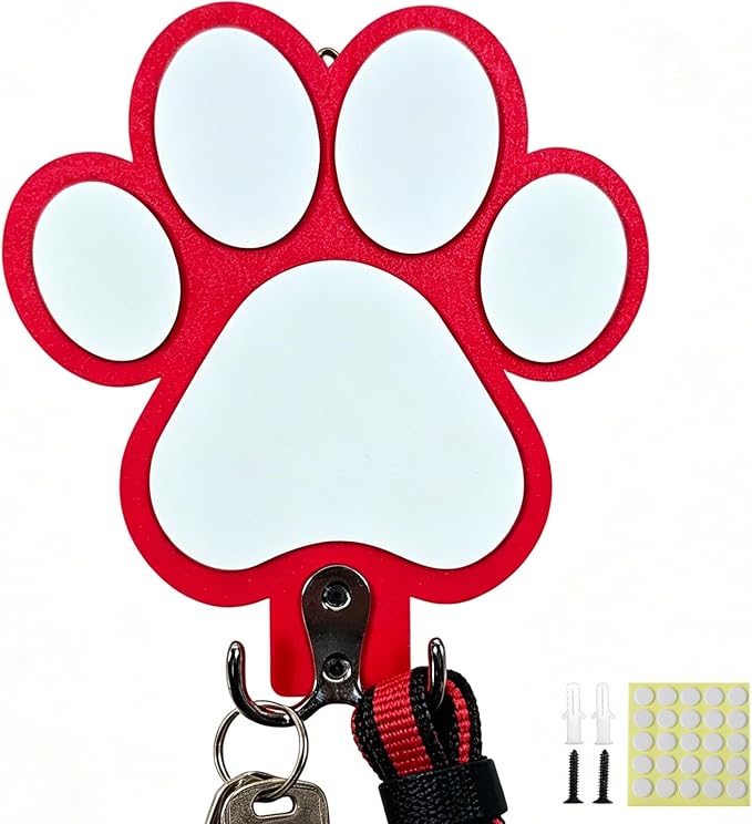 Rustic Wooden Dog Leash Holder Wall Decoration, Cute 3D Puppy Paw Wall Mount Hanger Organizer Hooks for Home Decor, Farmhouse, Coat Rack, Keys, Harness, Collars, Entryway, Pet Lover Gift (Red)