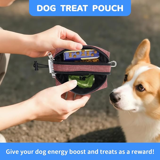Dog Poop Bag Holder with Treat Pouch, 2 Zipper Pockets & Leash Clip | Waste Bag Dispenser with 1 Roll Poop Bags, Quick Access Treat Storage, Hands-Free Design for Dog Walking, Training & Travel