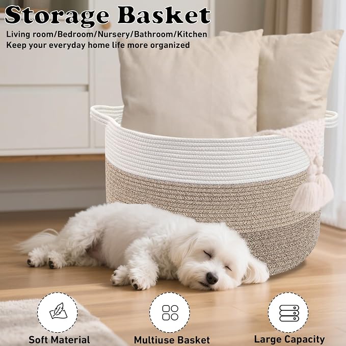 90L Extra Large Blanket Basket,Woven Rope Laundry Basket-Mix Brown | Collapsible Nursery Storage Bin with Sturdy Handles, Organizes Clothes, Toys and Pillows for Living Room, Bedroom, Bathroom