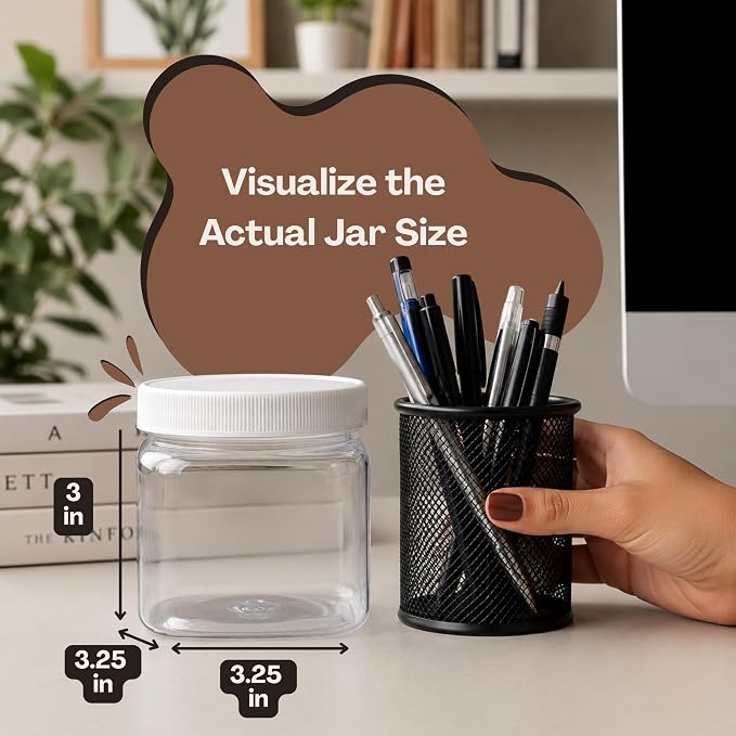 Pride Of India | Clear Food Grade PET Plastic Square Grip Storage Jar w/Cap 16 Fluid Ounces | 2-3 Cup Storage Capacity | Airtight Seal & Easy Handling | Store Sugar, Spices, Nuts, Seeds & Pet Treats