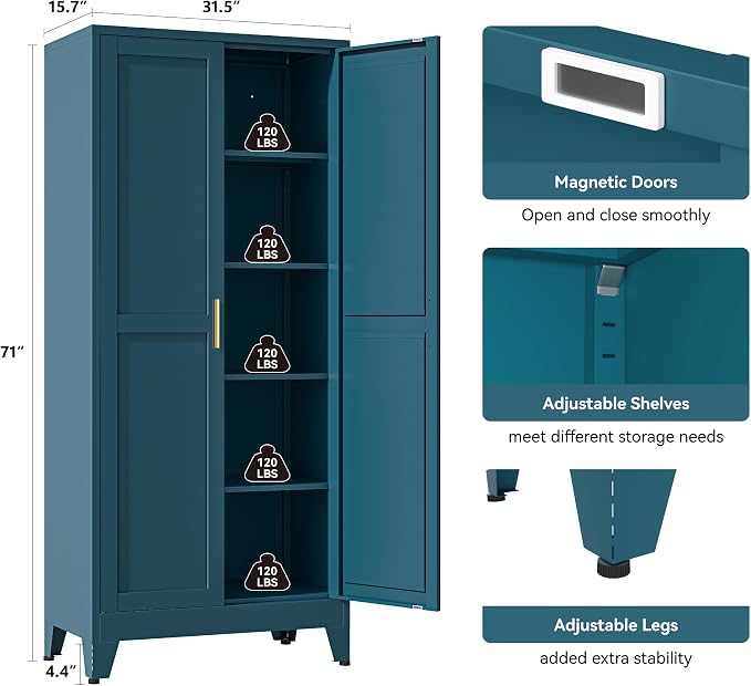 YAUWOH 71''Metal Cabinet with 4 Adjustable Shelves,5-Tier Pantry Storage Cabinet,Kitchen Pantry Cabinet for Living Room,Dining Room, (1PC,Blue)