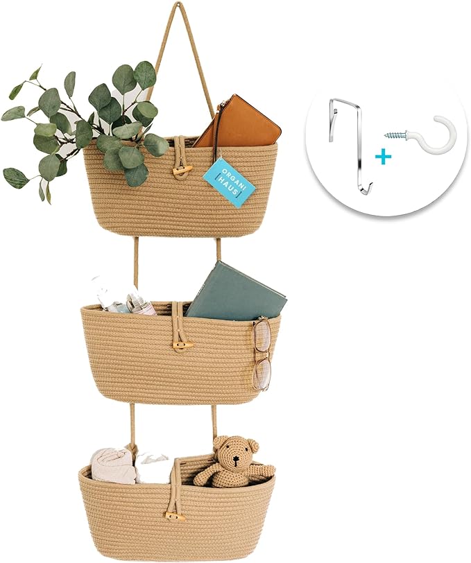 OrganiHaus Over the Door Organizer, Woven Rope Hanging Baskets, 3-Tier | Cotton Wall Storage Basket For Nursery Decor, Entryway, Bathroom, Playroom Or Dorm, Mounts On Door Or Wall, Honey