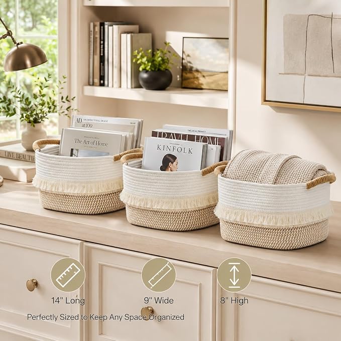Storage Basket, Woven Baskets for Shelves, White/Brown | 3 Pack Boho Cotton Rope Storage Baskets, 14" x 9" x 8", Home Organizer for Nursery, Holds Toys, Books & Towels