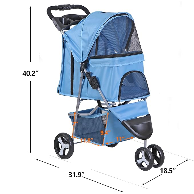 3 Wheels Dog Stroller Folding Pet Strolling Cart for Small Medium Cats Puppies Portable Jogger Travel Camping Puppy Carrier with Storage Basket Cup Holder, Blue