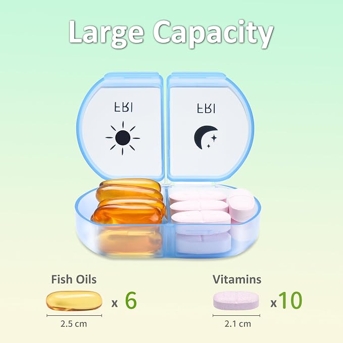 Fullicon Large Medicine Pill Organizer 2 Times a Day, AM PM 7 Day Travel | Each Compartment Holds 6 Fish Oils or 10 Vitamins, One Finger Open Lid, Double Secure Lock, Sturdy Hinges, Clear Rainbow