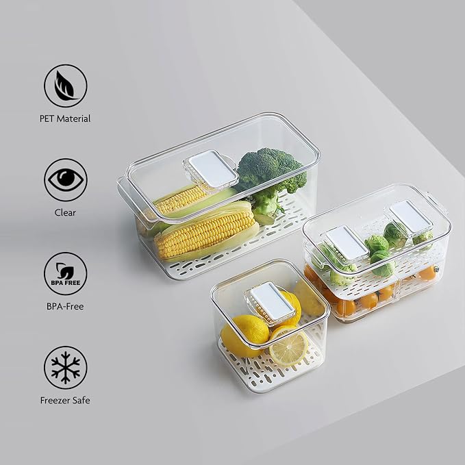 elabo Fridge Fruit Storage Containers, 3 Pack Lettuce Keeper Produce Saver | Large Berry Containers with Lids for Fridge, BPA-Free & Food Grade, Fresh Containers for Vegetables with Removable Drainer