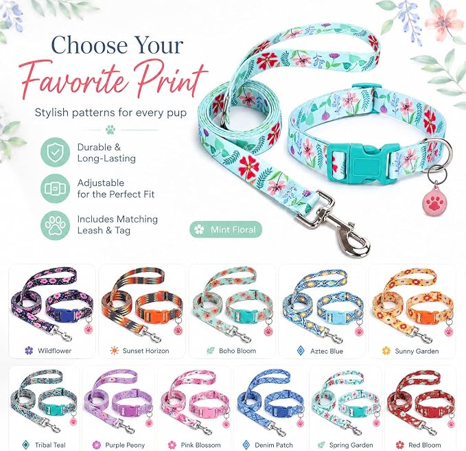 Floral Matching Dog Collar and Leash Set with AirTag Holder-Verdure Daisy/M | Anti-Lost,Adjustable Durable Pet Collar Leash Combo for Medium Boy Girl Dogs,for Outdoor Walking Hiking Training Running