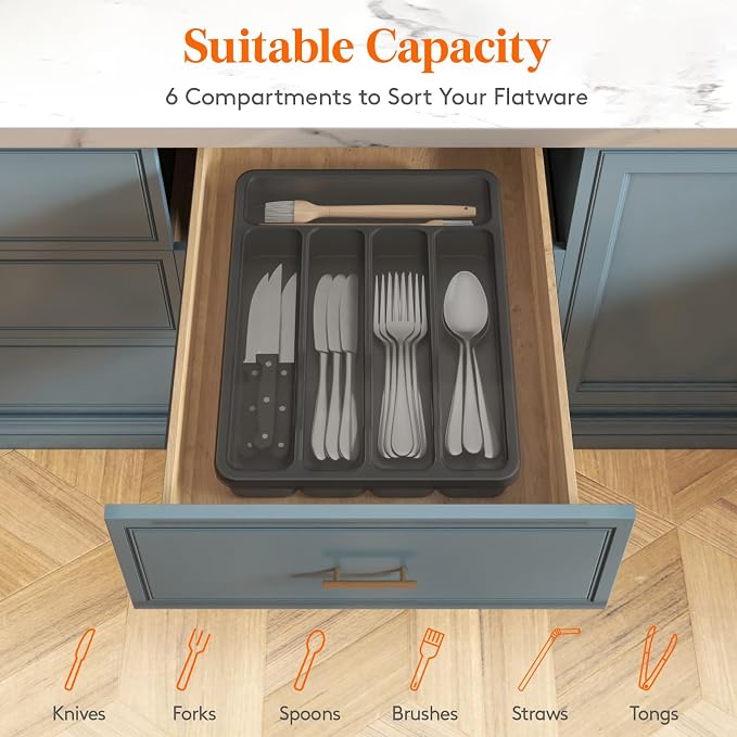 Lifewit Silverware Organizer with Lid, Covered Utensil Tray, 9.5x12.7 | Plastic Cutlery Storage Box for Kitchen Drawer and Countertop, Flatware Case Holder for Spoons Forks Knives, Black