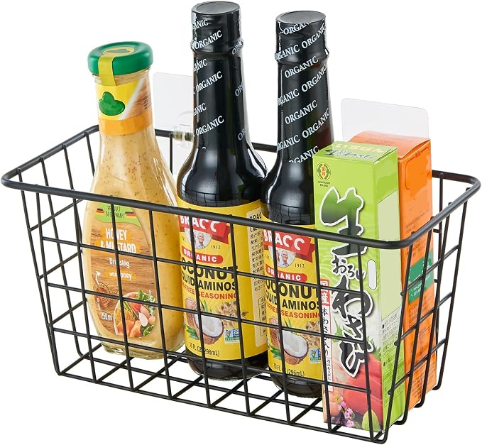 JUNCHU CHERRY 2 Pack Hanging Storage Basket, Bathroom Basket, Household Goods, with Traceless Tape, no Drilling, for Cabinet Storage, Kitchen, Bathroom, Storage Room,Black