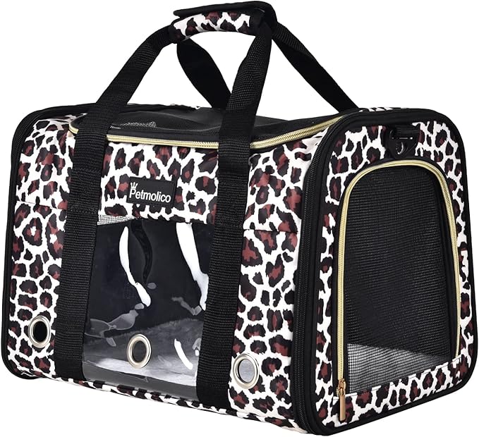 Petmolico Cat Carrier Soft-Sided Airline Approved, Medium, Medium, Leopard | For small/medium cats & puppies up to 16 lbs, 3 open doors, travel-friendly pet bag