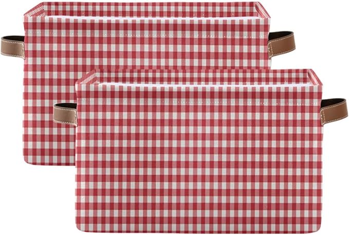 Kigai Red White Gingham Storage Basket with Handles Waterproof Collapsible Storage Bin Canvas Fabric Basket Decorative Box Closet Organizer for Nursery Bedroom Office