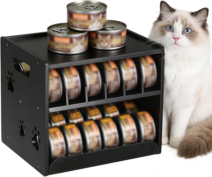 JALZ JALZ Bamboo Cat Food Can Dispenser 2-Tier Gravity Pet Food Storage Rack | Made of durable, natural bamboo that complements any kitchen or pantry decor